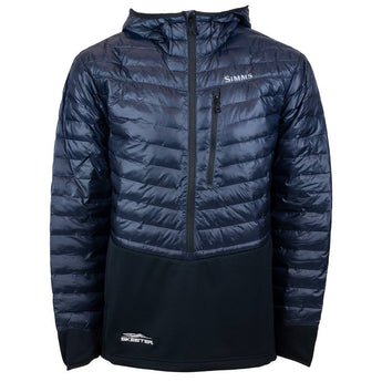 Front of a dark navy and black puffer jacket with a left chest zipper pocket. Embroidered on the bottom right of the jacket is the skeeter logo in white. 